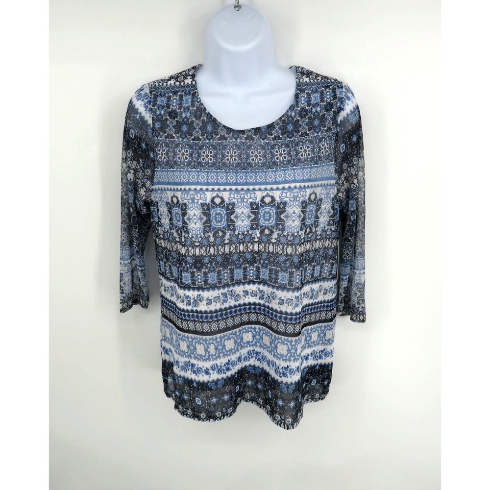 Croft & Barrow Womens Printed 3/4 Sleeve Top PXS Blue & Black NWT $36